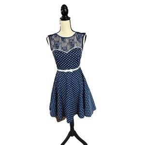 Friday on my Mind Deanna navy polka dots and lace sleeveless dress size S